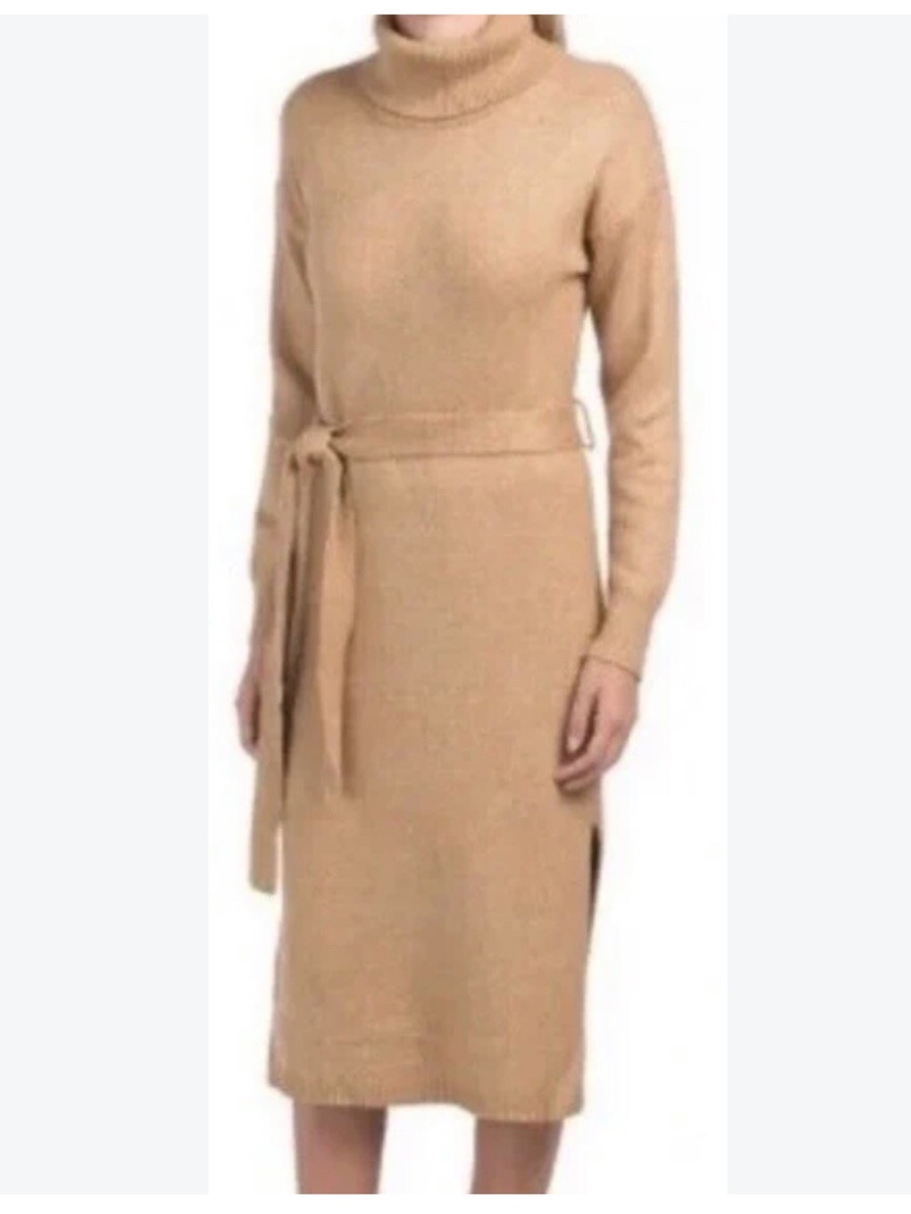 Rachel Zoe Camel Turtleneck Belted Knit Dress